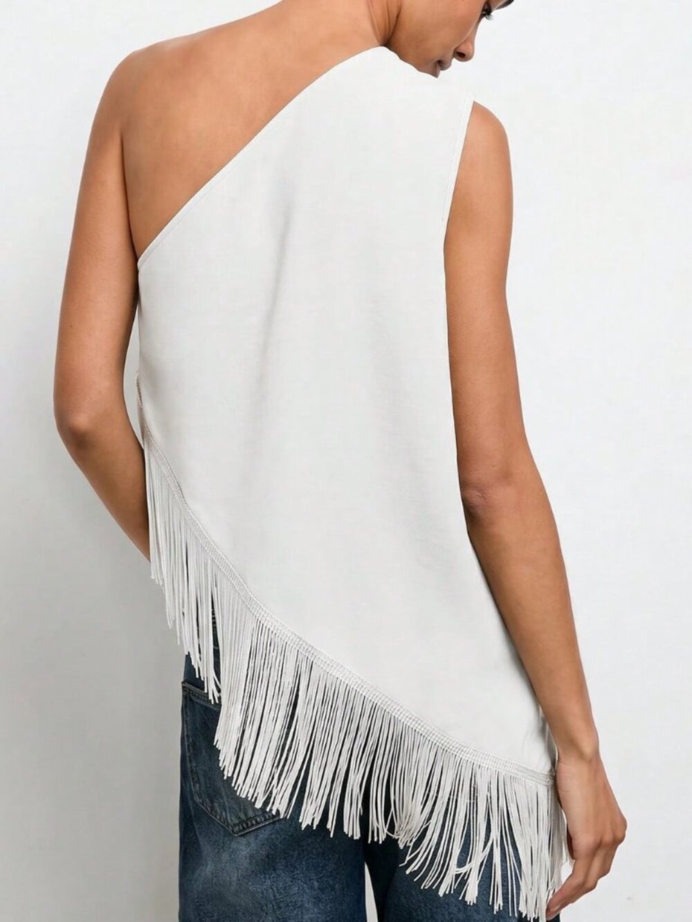 White Casual Women's One Shoulder Top With Tassel Hem Loose Elegant Party Night - Picture 2 of 6